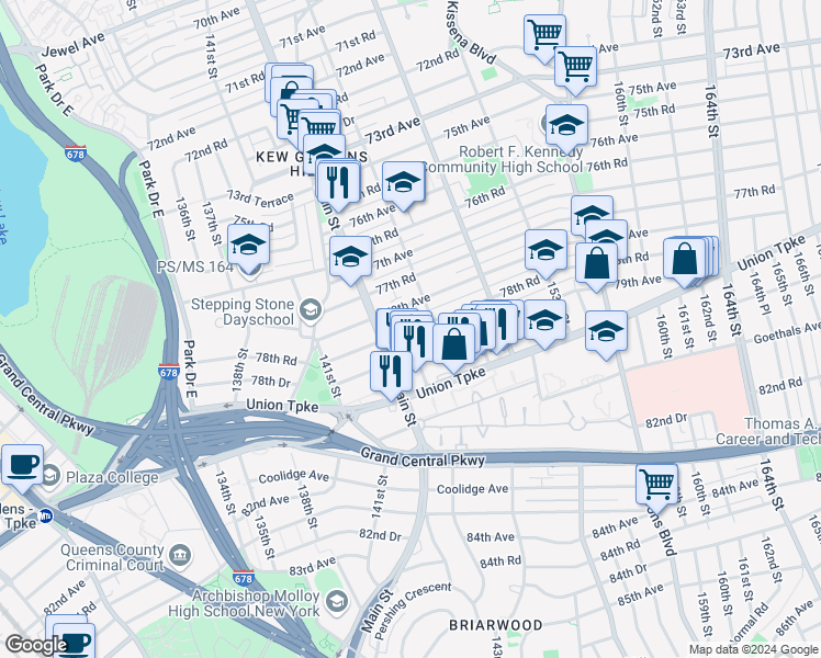 map of restaurants, bars, coffee shops, grocery stores, and more near 156-33 79th Avenue in Queens