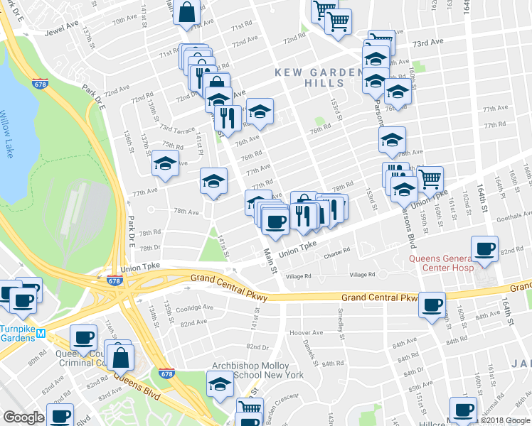map of restaurants, bars, coffee shops, grocery stores, and more near 78-32 Main Street in Queens
