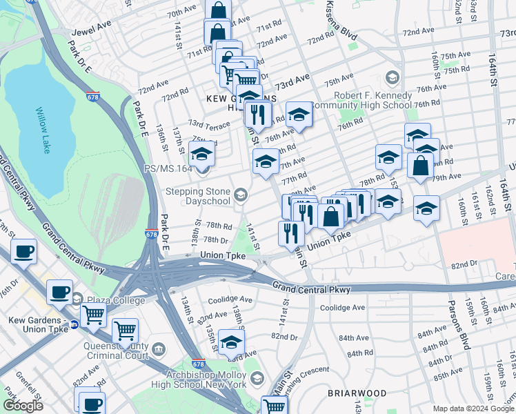 map of restaurants, bars, coffee shops, grocery stores, and more near 141-21 78th Road in Queens