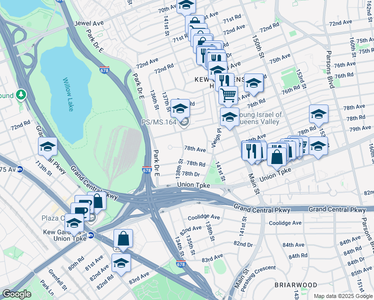 map of restaurants, bars, coffee shops, grocery stores, and more near 138-21 78th Road in Queens