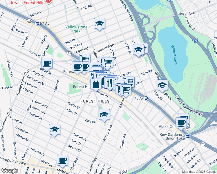 map of restaurants, bars, coffee shops, grocery stores, and more near 45 Burns Street in Queens