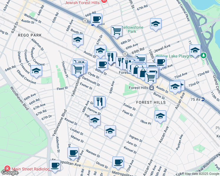 map of restaurants, bars, coffee shops, grocery stores, and more near 68-59 Exeter Street in Queens