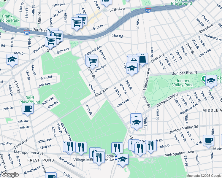 map of restaurants, bars, coffee shops, grocery stores, and more near 69-18 61st Road in Queens