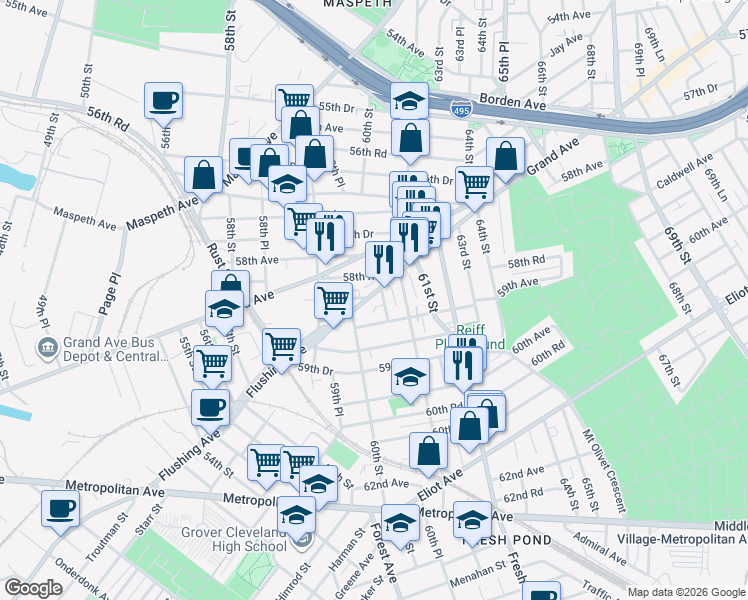 map of restaurants, bars, coffee shops, grocery stores, and more near 58-11 60th Street in Queens