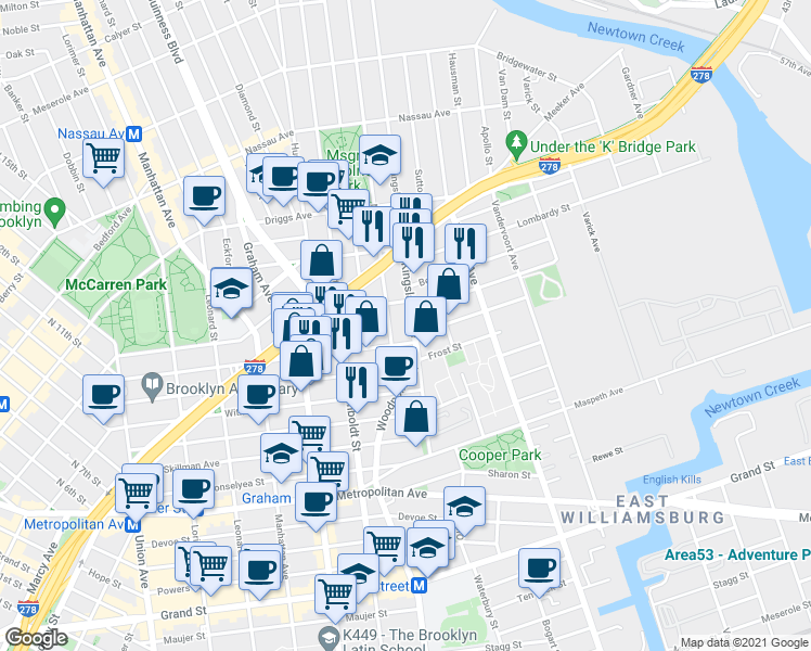 map of restaurants, bars, coffee shops, grocery stores, and more near 252 Richardson Street in Brooklyn