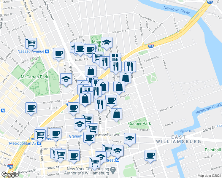 map of restaurants, bars, coffee shops, grocery stores, and more near 252 Richardson Street in Brooklyn