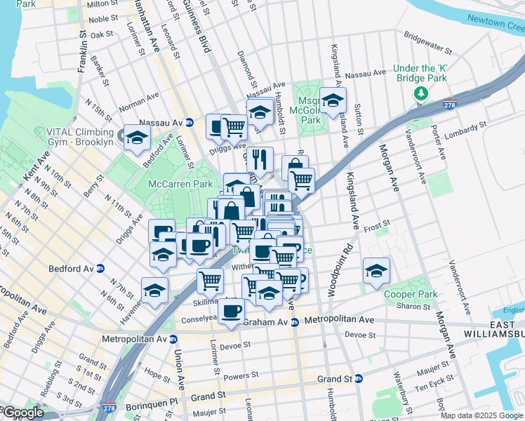 map of restaurants, bars, coffee shops, grocery stores, and more near 415 Manhattan Avenue in Brooklyn