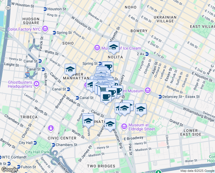 map of restaurants, bars, coffee shops, grocery stores, and more near 203 Grand Street in New York