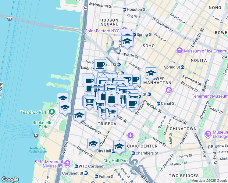map of restaurants, bars, coffee shops, grocery stores, and more near in New York
