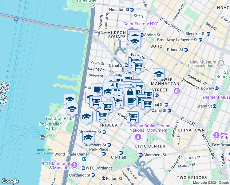 map of restaurants, bars, coffee shops, grocery stores, and more near in New York