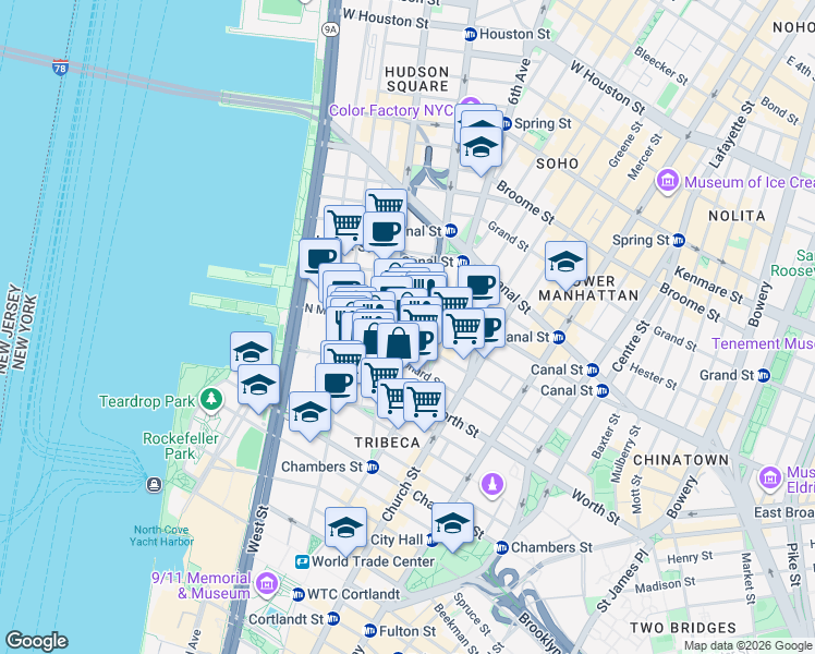 map of restaurants, bars, coffee shops, grocery stores, and more near 162 Franklin Street in New York