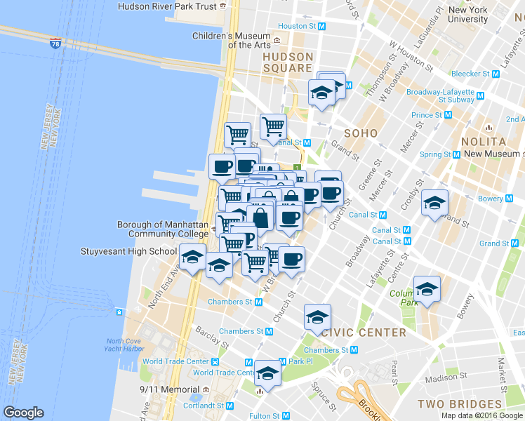 map of restaurants, bars, coffee shops, grocery stores, and more near 162 Franklin Street in New York