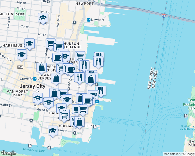 map of restaurants, bars, coffee shops, grocery stores, and more near 8 Christopher Columbus Drive in Jersey City