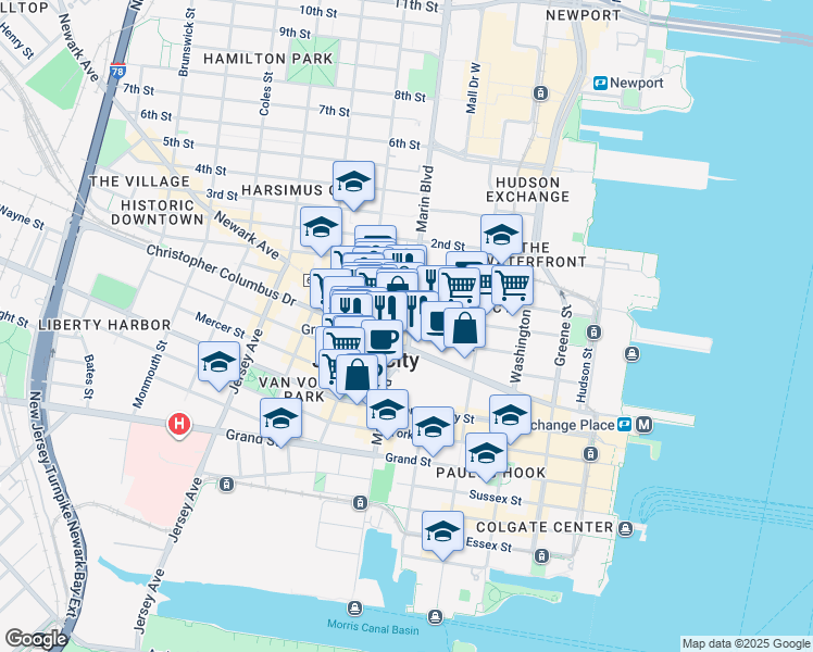 map of restaurants, bars, coffee shops, grocery stores, and more near in Jersey City