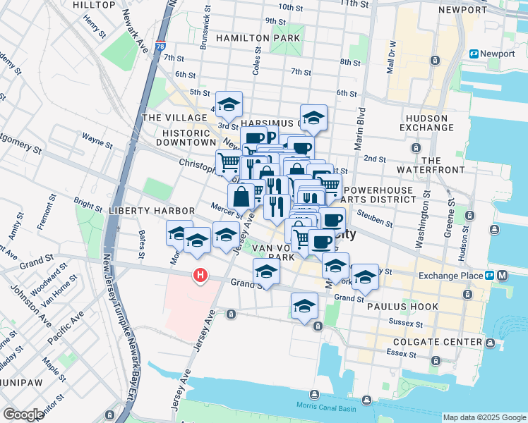 map of restaurants, bars, coffee shops, grocery stores, and more near in Jersey City