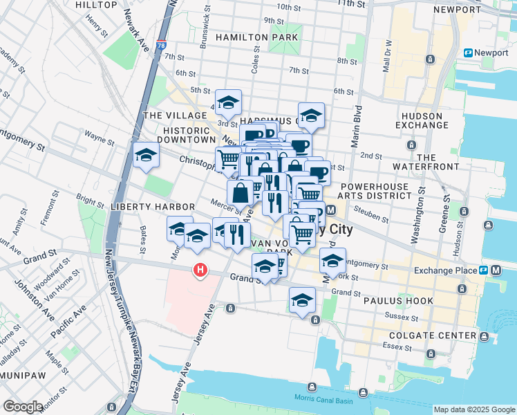 map of restaurants, bars, coffee shops, grocery stores, and more near 474 Jersey Avenue in Jersey City