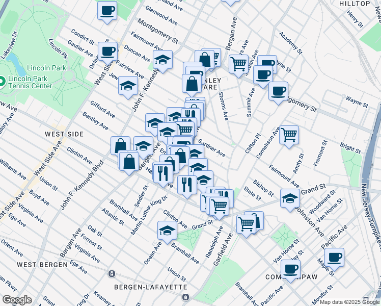 map of restaurants, bars, coffee shops, grocery stores, and more near 92A Astor Place in Jersey City