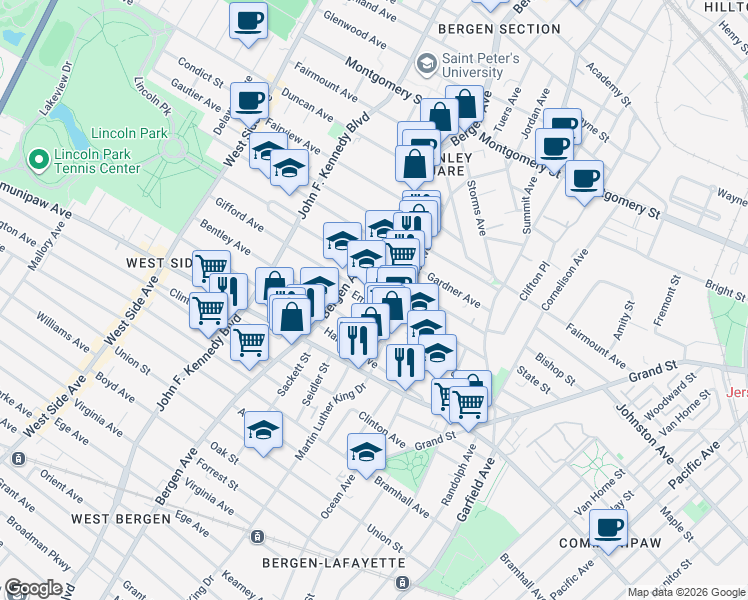 map of restaurants, bars, coffee shops, grocery stores, and more near 60 Brinkerhoff Street in Jersey City