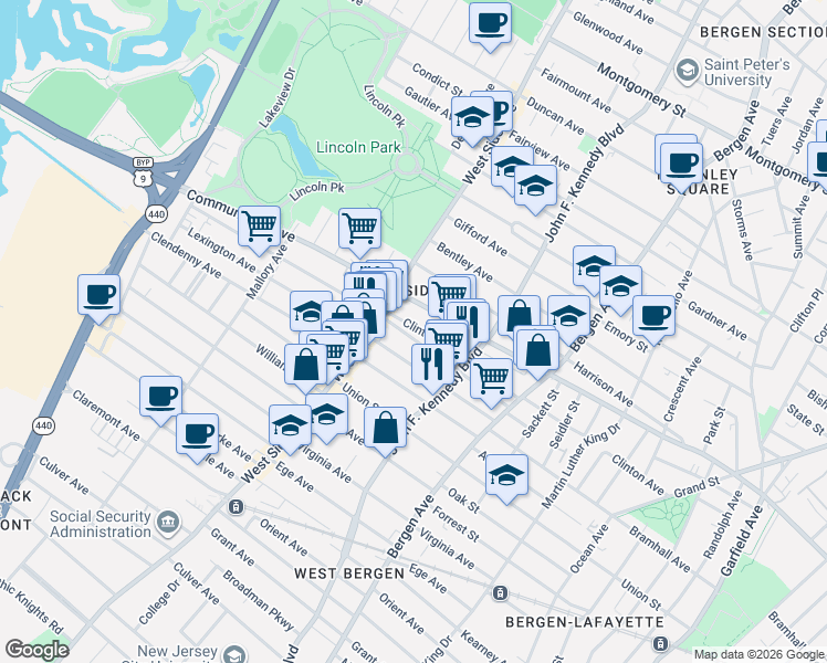 map of restaurants, bars, coffee shops, grocery stores, and more near 90 Lexington Avenue in Jersey City