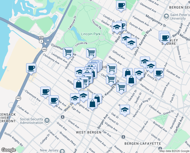 map of restaurants, bars, coffee shops, grocery stores, and more near 115 Lexington Avenue in Jersey City