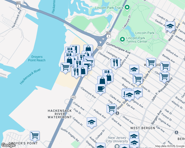 map of restaurants, bars, coffee shops, grocery stores, and more near 16 Bennett Street in Jersey City