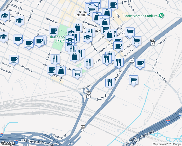 map of restaurants, bars, coffee shops, grocery stores, and more near 15 Backus Street in Newark