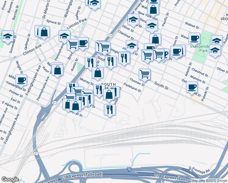 map of restaurants, bars, coffee shops, grocery stores, and more near 249 Astor Street in Newark