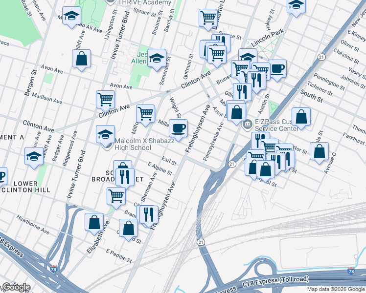 map of restaurants, bars, coffee shops, grocery stores, and more near 92 Frelinghuysen Avenue in Newark