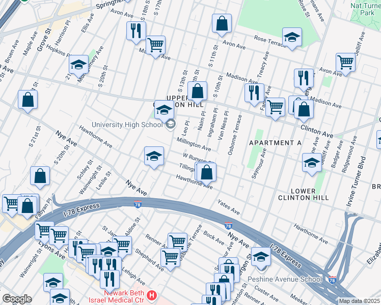 map of restaurants, bars, coffee shops, grocery stores, and more near 67 Tillinghast Street in Newark