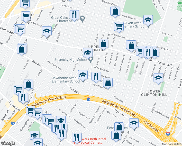 map of restaurants, bars, coffee shops, grocery stores, and more near in Newark