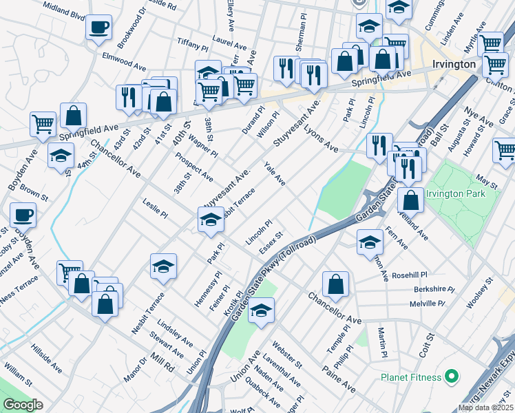 map of restaurants, bars, coffee shops, grocery stores, and more near 226 Park Place in Irvington
