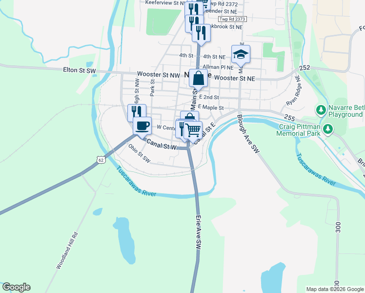 map of restaurants, bars, coffee shops, grocery stores, and more near 34 South Main Street in Navarre