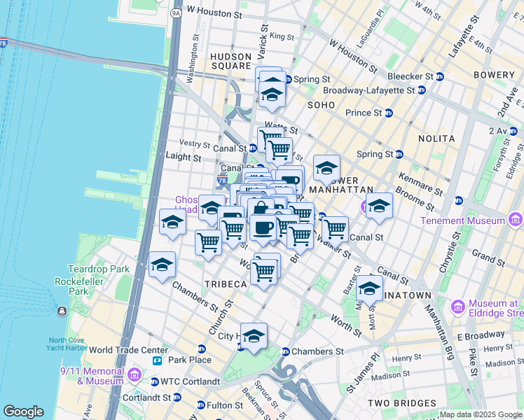 map of restaurants, bars, coffee shops, grocery stores, and more near 273 Church Street in New York
