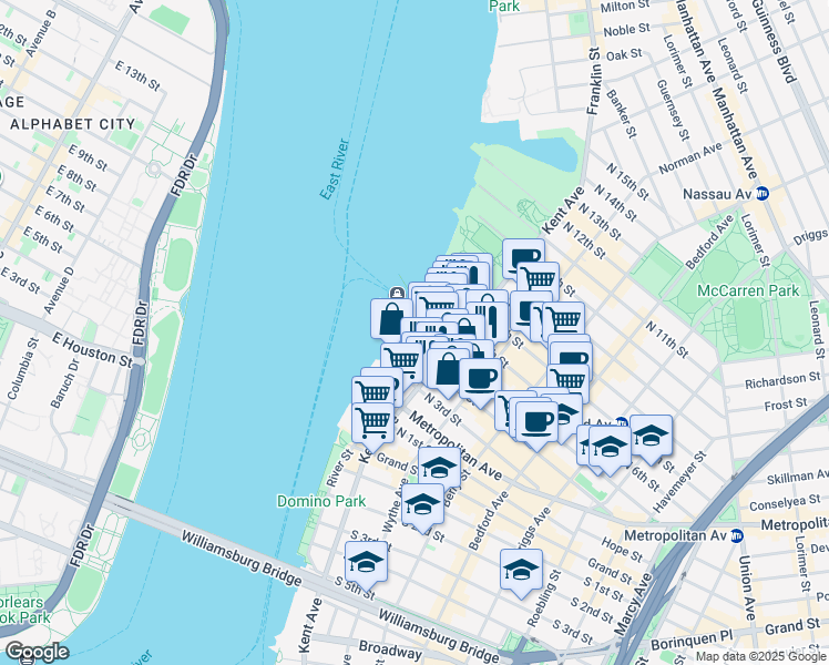 map of restaurants, bars, coffee shops, grocery stores, and more near 2 Northside Piers in Brooklyn