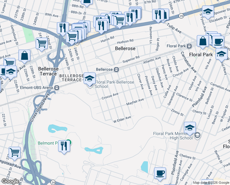 map of restaurants, bars, coffee shops, grocery stores, and more near 225 Crocus Avenue in Floral Park