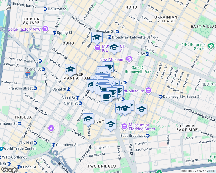map of restaurants, bars, coffee shops, grocery stores, and more near 164 Mott Street in New York