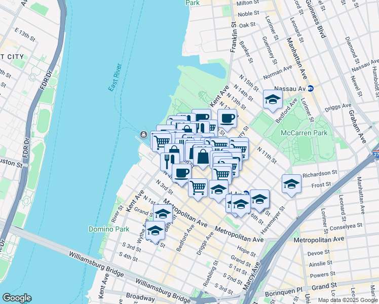 map of restaurants, bars, coffee shops, grocery stores, and more near 76 North 7th Street in Brooklyn