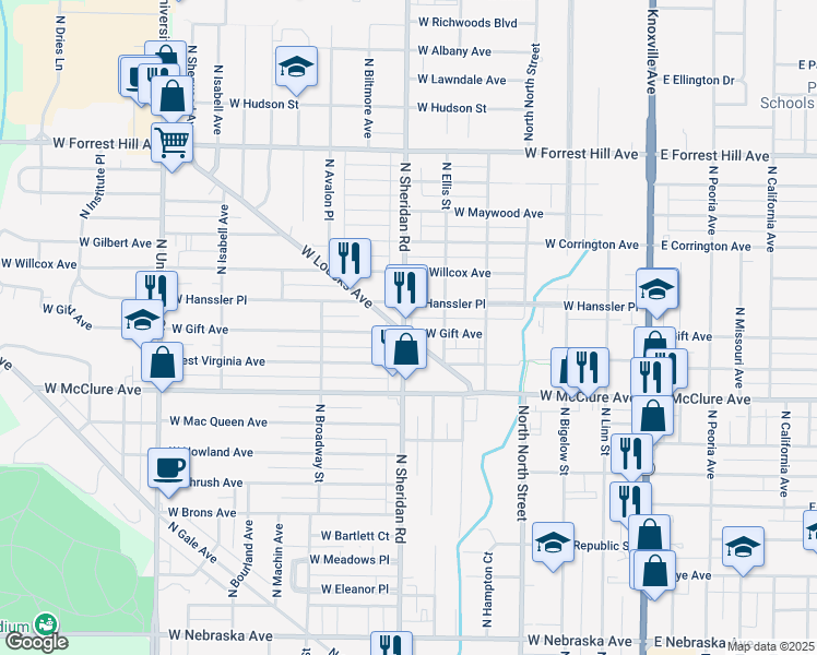map of restaurants, bars, coffee shops, grocery stores, and more near 610 West Loucks Avenue in Peoria