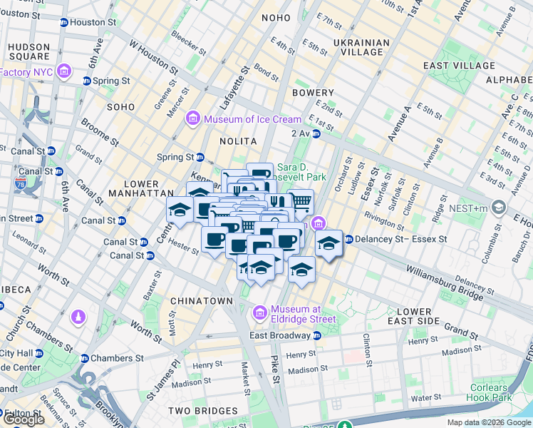 map of restaurants, bars, coffee shops, grocery stores, and more near Chrystie Street in New York