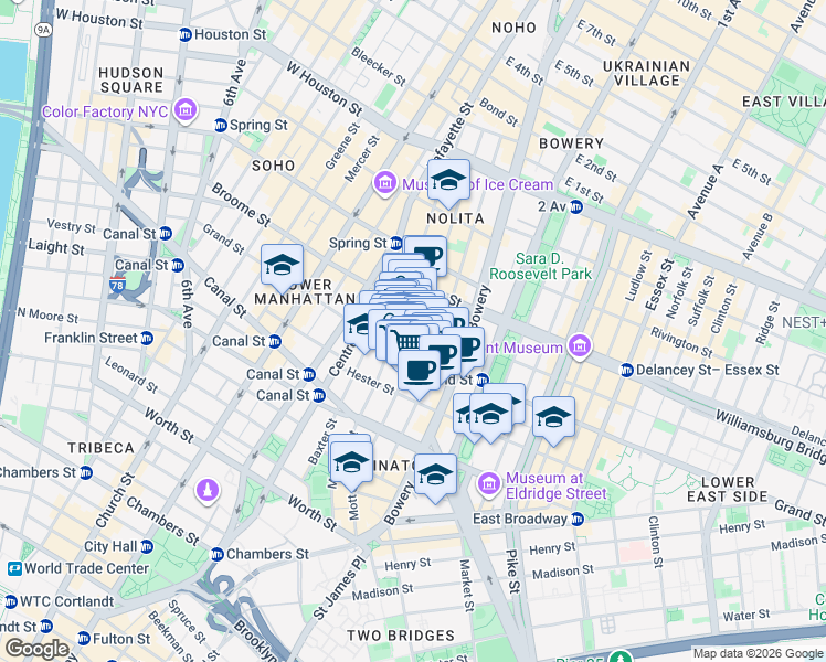 map of restaurants, bars, coffee shops, grocery stores, and more near 203 Grand Street in New York