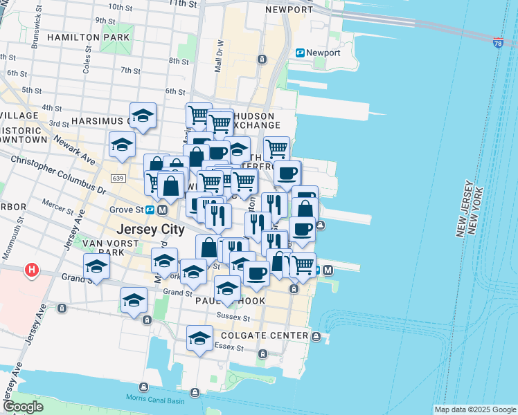 map of restaurants, bars, coffee shops, grocery stores, and more near 88 Morgan Street in Jersey City