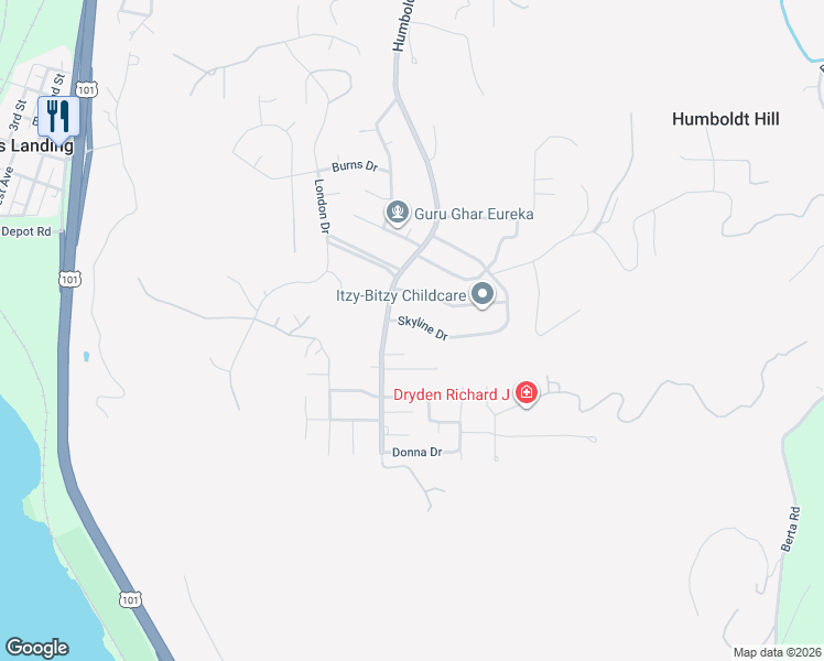 map of restaurants, bars, coffee shops, grocery stores, and more near 2379 Austin Street in Eureka