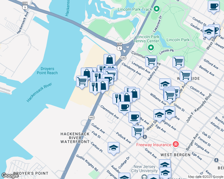 map of restaurants, bars, coffee shops, grocery stores, and more near 18 Bennett Street in Jersey City