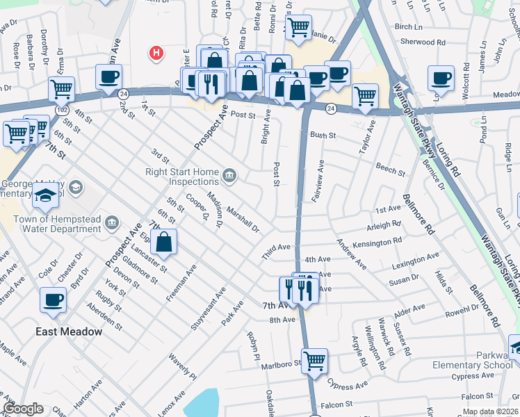 map of restaurants, bars, coffee shops, grocery stores, and more near 2510 2nd Street in East Meadow