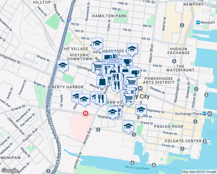 map of restaurants, bars, coffee shops, grocery stores, and more near 474 Jersey Avenue in Jersey City