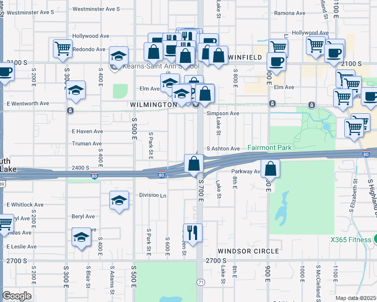 map of restaurants, bars, coffee shops, grocery stores, and more near 2347 South Green Street in Salt Lake City