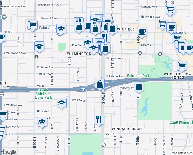 map of restaurants, bars, coffee shops, grocery stores, and more near 2347 South Green Street in Salt Lake City