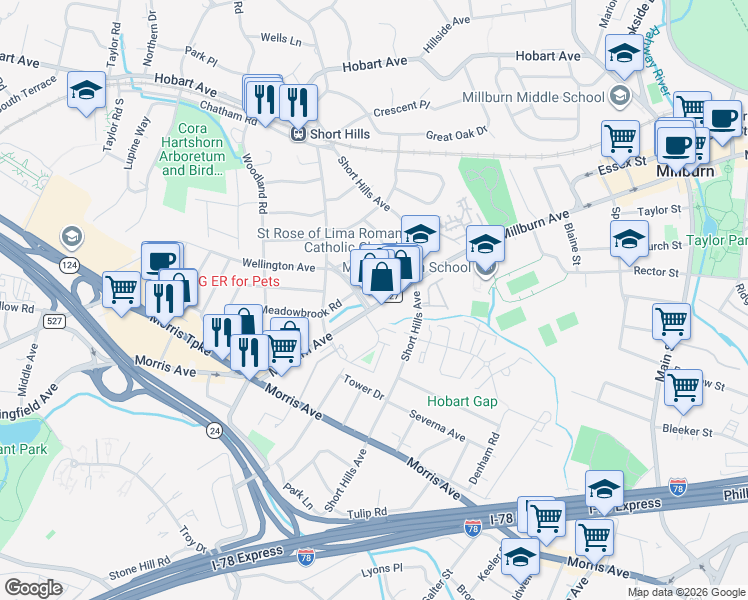 map of restaurants, bars, coffee shops, grocery stores, and more near in Millburn