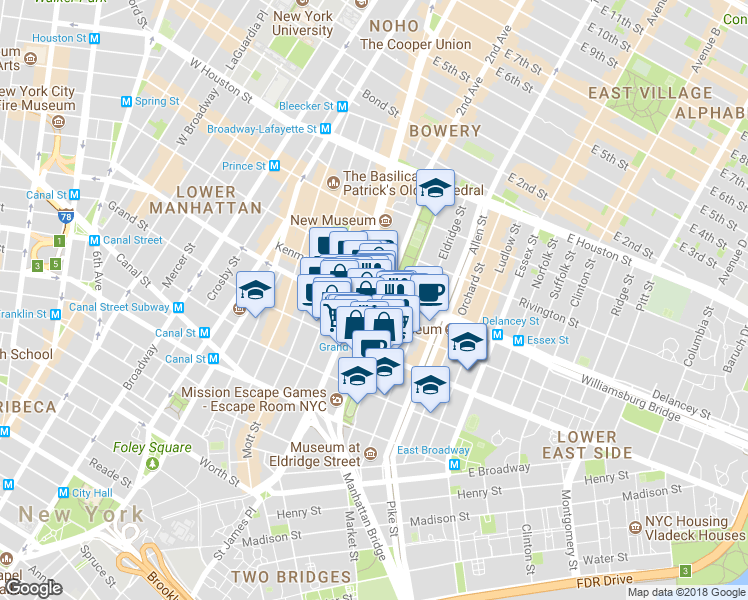 map of restaurants, bars, coffee shops, grocery stores, and more near 248 Grand Street in New York