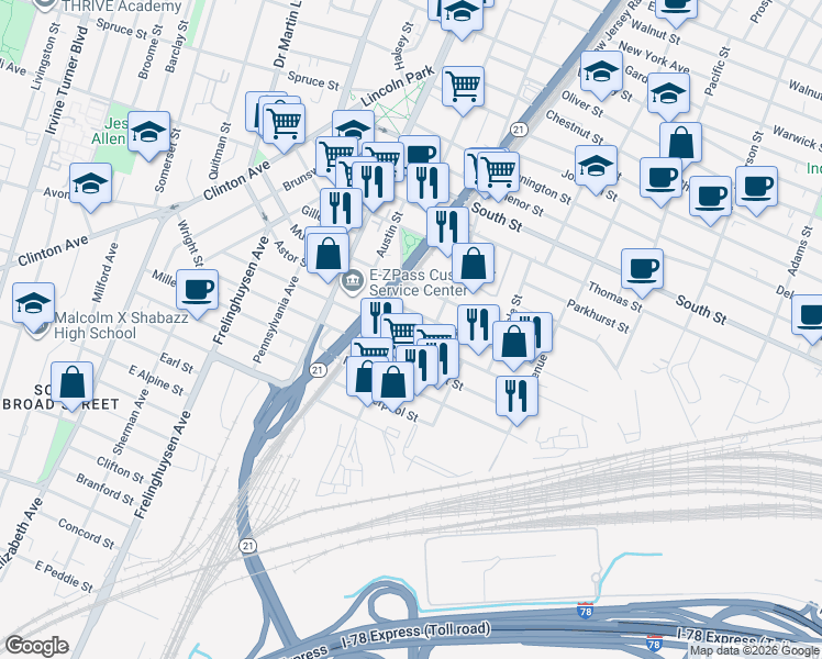 map of restaurants, bars, coffee shops, grocery stores, and more near 200 Wright Street in Newark